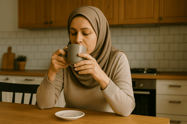 زن خانهدار محجبه در آشپزخانه در حال نوشیدن قهوه ترک روی میز ناهارخوری